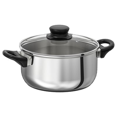 Silver saucepan with black handles and glass lid, designed for cooking.