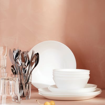 OFTAST white dishware set - plates, bowls, glasses, and silverware, elegantly stacked, dishwasher & microwave safe, tempered opal glass.