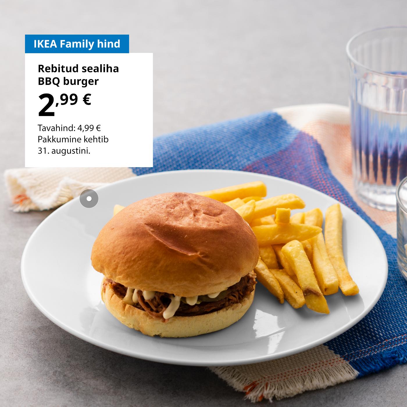 Rootsi restorani eripakkumine IKEA Family klubiliikmetele: BBQ-burger, mis maksab 2,99 € (tavahind 4,99 €).