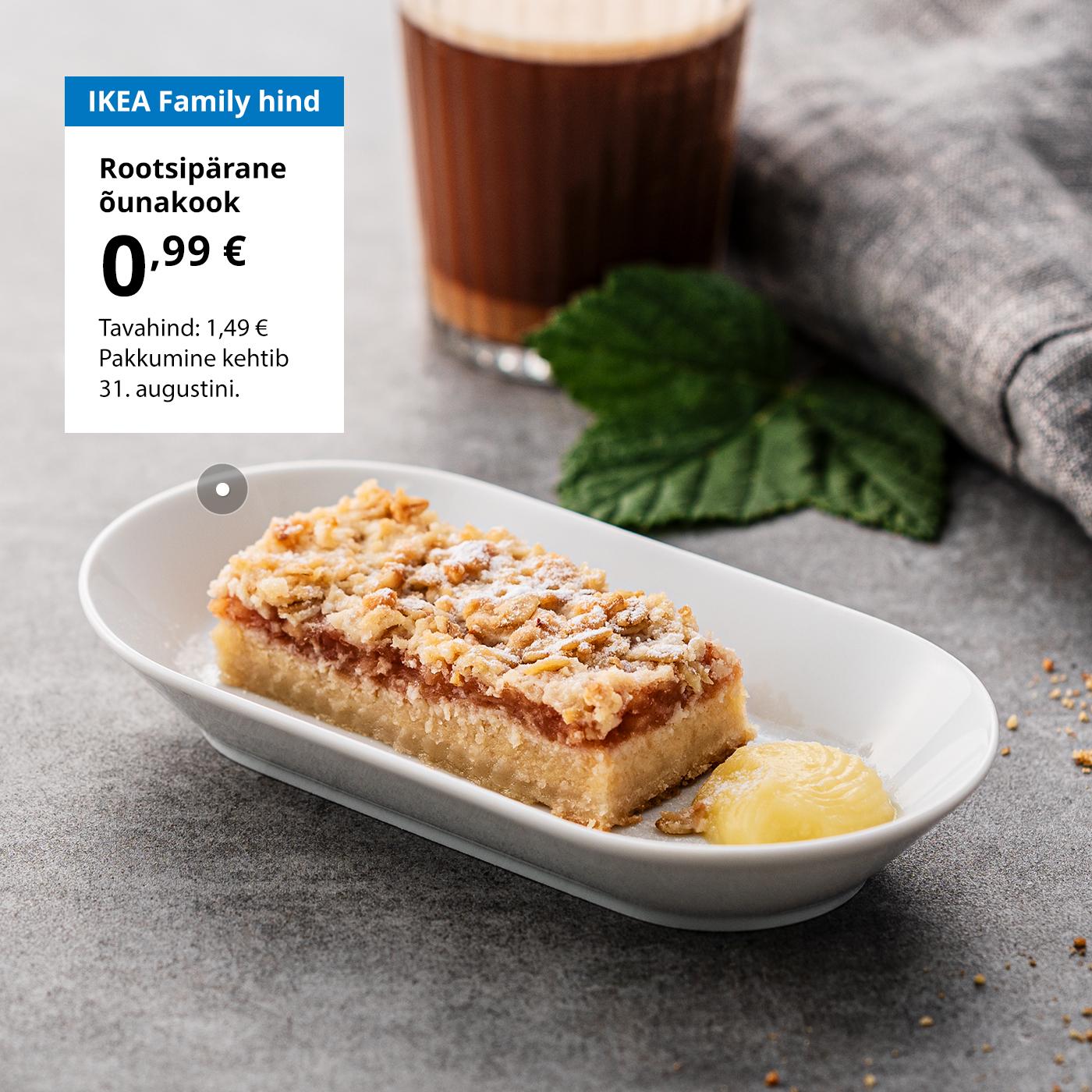 Rootsi restorani eripakkumine IKEA Family klubiliikmetele: rootsipärane õunakook, mis maksab 0,99 € (tavahind 1,49 €).