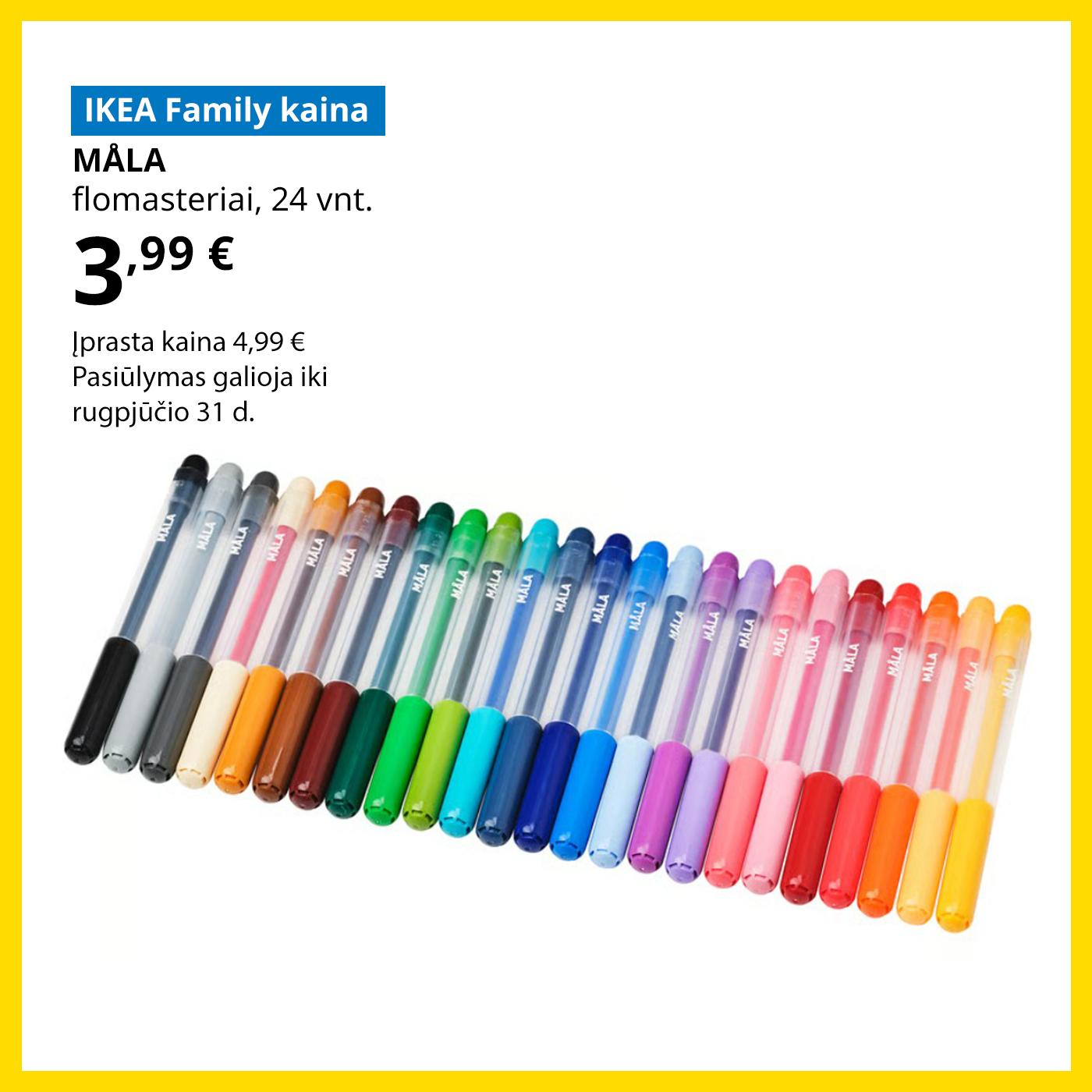 Ypatingas pasiūlymas IKEA Family klubo nariams: 24 flomasteriai MÅLA už 3,99 € (įprasta kaina 4,99 €).
